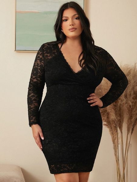 plus raglan sleeve lace panel dress 47dh#, Black