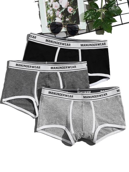 men 3pcs letter tape contrast binding boxer brief 41qs#, Black;brown