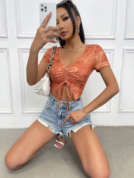 marble print drawstring ruched crop o7sr#, White