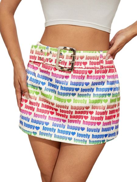 letter graphic buckle belted skirt g8xl#, Black 
letter graphic buckle belted skirt g8xl#, Black