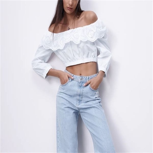 women white embroidered eyelet cropped blouse long sleeve elastic spring shirt female chic vintage hollow out poplin 210524
women white embroidered eyelet cropped blouse long sleeve elastic spring shirt female chic vintage hollow out poplin 210524
