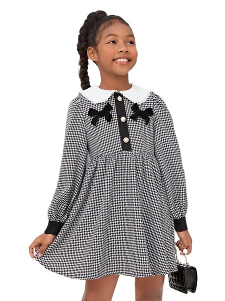 girls houndstooth print bow front dress 51yh#, Black;white 
girls houndstooth print bow front dress 51yh#, Black;white