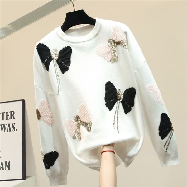 sequined bow sweater womens thick autumn and winter sweater coat loose sweaters girls ladies pullover pull femme y200720, White;black
sequined bow sweater womens thick autumn and winter sweater coat loose sweaters girls ladies pullover pull femme y200720, White;black