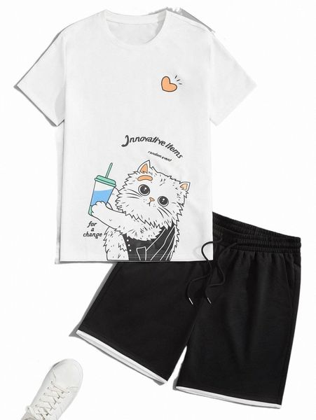 men letter & cartoon graphic tee & contrast trim drawstring waist shorts 20iv#, Gray
men letter & cartoon graphic tee & contrast trim drawstring waist shorts 20iv#, Gray