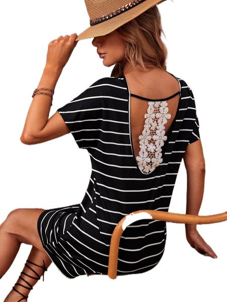 striped print guipure lace insert cut out back tee dress d5sg#, Black;gray
striped print guipure lace insert cut out back tee dress d5sg#, Black;gray