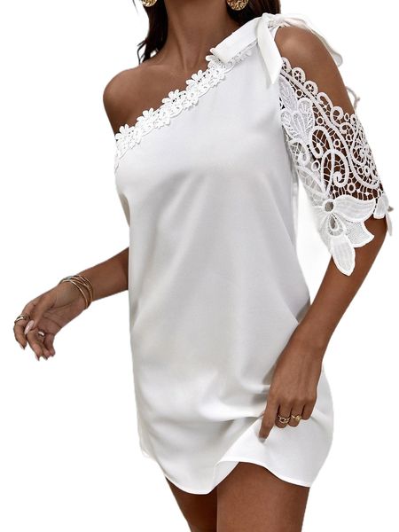 knot one shoulder contrast guipure lace tunic dress u7nj#, Black;gray 
knot one shoulder contrast guipure lace tunic dress u7nj#, Black;gray