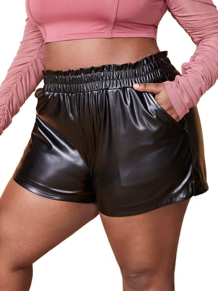 sxy plus frill trim pu leather shorts i5hl#, Black