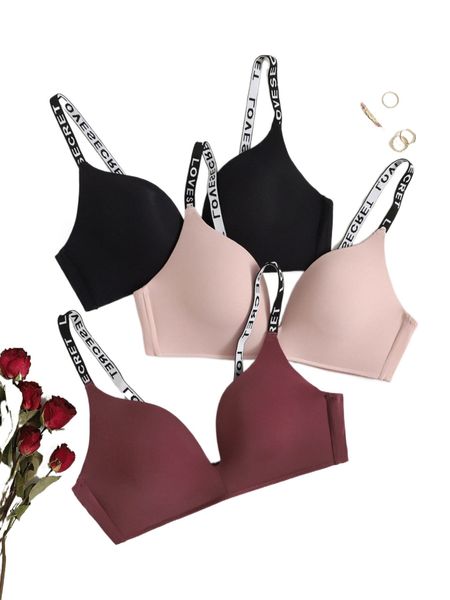 3pack letter graphic wireless bra w3o0#, Black;red