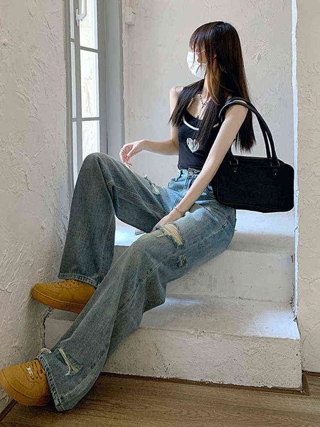 s-xl 2022 summer woman high wiast hole straight jeans streetwear trouser casual ripped wide leg long denim pants womens 72982 t220728, Blue
s-xl 2022 summer woman high wiast hole straight jeans streetwear trouser casual ripped wide leg long denim pants womens 72982 t220728, Blue