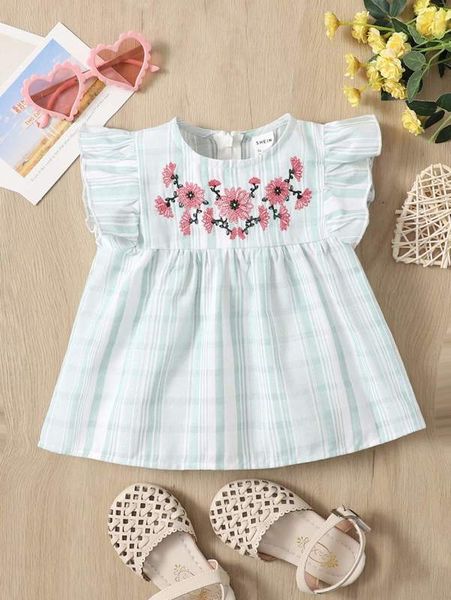 floral embroidery ruffle sleeve she, Blue