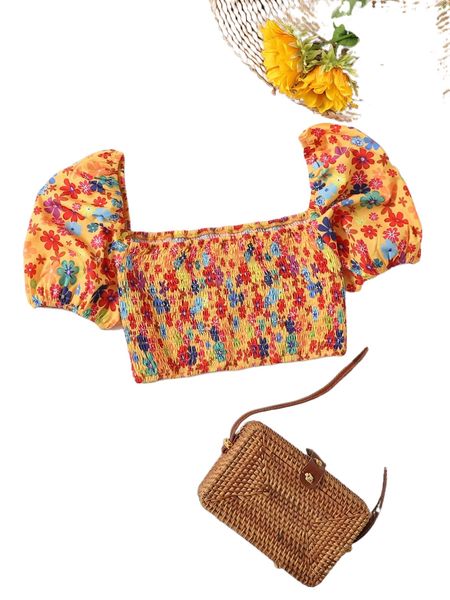 allover floral print puff sleeve shirred crop blouse f8ca#, White
allover floral print puff sleeve shirred crop blouse f8ca#, White