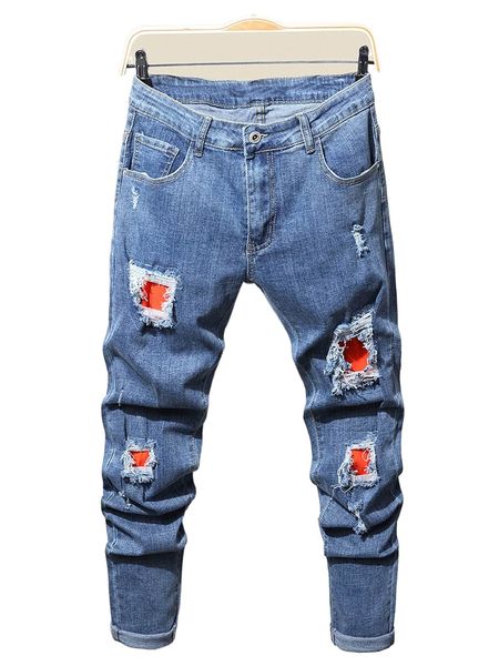 men patched detail ripped jeans e5dm#, Blue