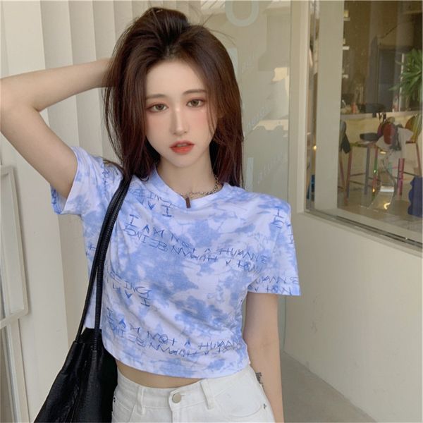 unlimon women tshirt short sleeve letters tie dye crop top, White 
unlimon women tshirt short sleeve letters tie dye crop top, White