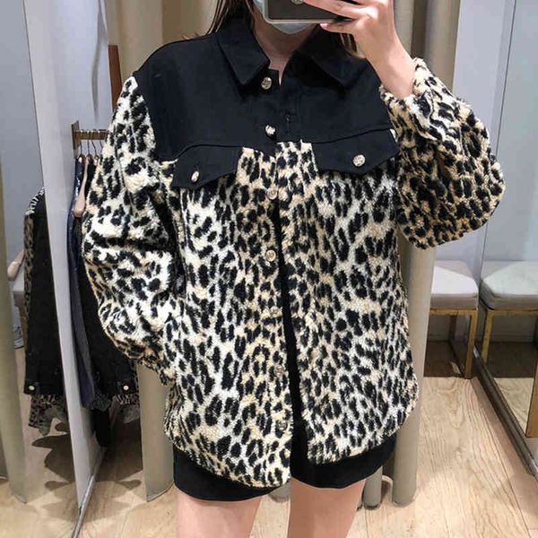 women's leather faux french single women's wear lapel denim leopard stitched warm jacket, Black
women's leather faux french single women's wear lapel denim leopard stitched warm jacket, Black