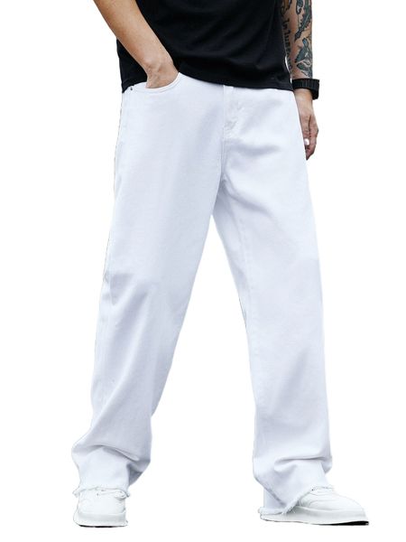 men raw hem slant pocket straight leg jeans q8mu#, Blue