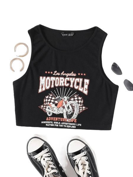 letter & motorcycle print tank 952u#, White 
letter & motorcycle print tank 952u#, White