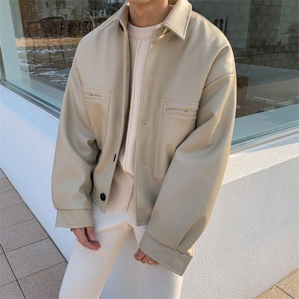 iefb men's thickened autumn pu leather clothing trend handsome loose korean single breast coat short clothes 9y5732 l220812, Black
iefb men's thickened autumn pu leather clothing trend handsome loose korean single breast coat short clothes 9y5732 l220812, Black