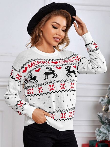 christmas chevron & elk pattern drop shoulder sweater o8nf#, White;black