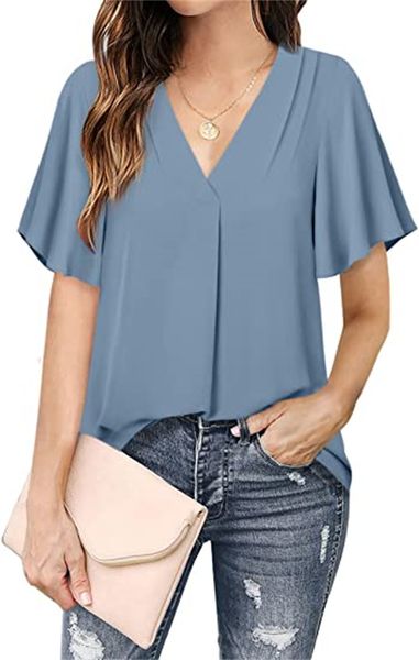 & tees women's v-neck chiffon shirt pleated sleeves women's work, White
& tees women's v-neck chiffon shirt pleated sleeves women's work, White