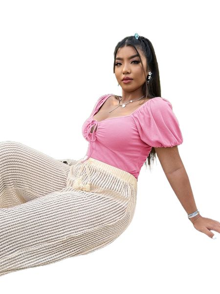 plus tie front sweetheart neck puff sleeve tee p28d#, Black
plus tie front sweetheart neck puff sleeve tee p28d#, Black