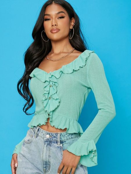 ruffle trim button front tee z74t#, White