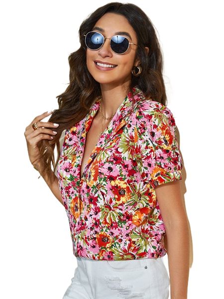 allover floral print puff sleeve shirt i2wc#, White
