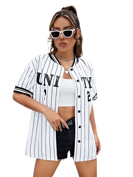 striped & letter graphic drop shoulder blouse f70t#, White