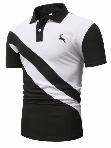 men color block elk print polo shirt 32dr#, White;black 
men color block elk print polo shirt 32dr#, White;black