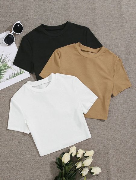3pcs ribbed knit tee e8ws#, White