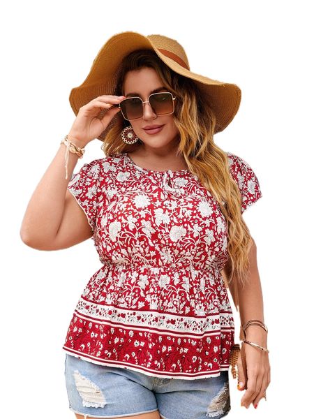 plus floral print knot front butterfly sleeve peplum blouse e5ph#, Black 
plus floral print knot front butterfly sleeve peplum blouse e5ph#, Black