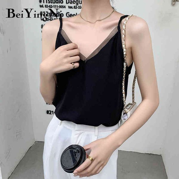 vneck tank female solid color mesh patchwork korean spaghetti strap shirts black white woman blusa 210427
vneck tank female solid color mesh patchwork korean spaghetti strap shirts black white woman blusa 210427