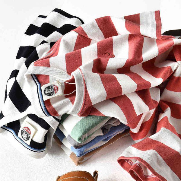 summer new japanese retro men's fashion short sleeve striped t-shirt pure cotton loose simple round neck washed old casual y220426, White;black
summer new japanese retro men's fashion short sleeve striped t-shirt pure cotton loose simple round neck washed old casual y220426, White;black
