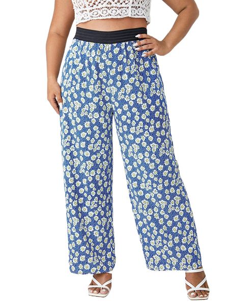 plus floral tape waist wide leg pants 7473#, Black