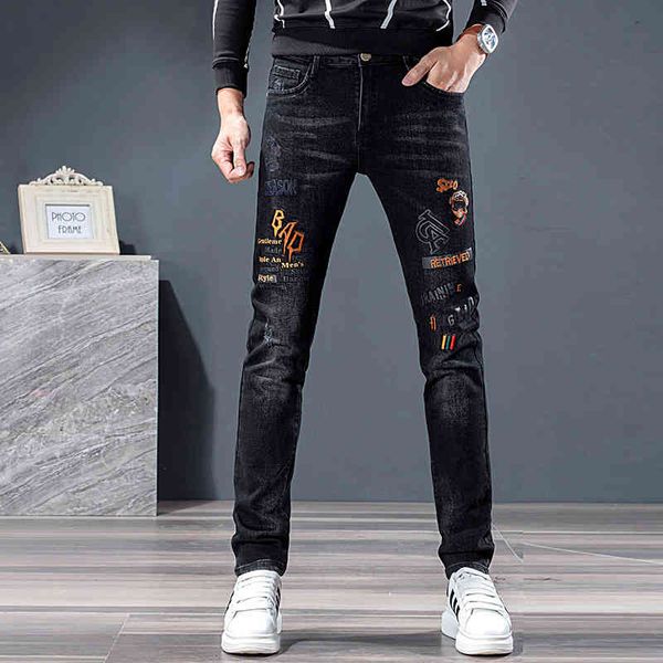 black printed jeans brand embroidered flower elastic slim fit fashion men's pants, Blue
black printed jeans brand embroidered flower elastic slim fit fashion men's pants, Blue