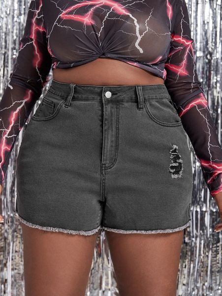 plus ripped split raw hem denim shorts w7af#, White;black