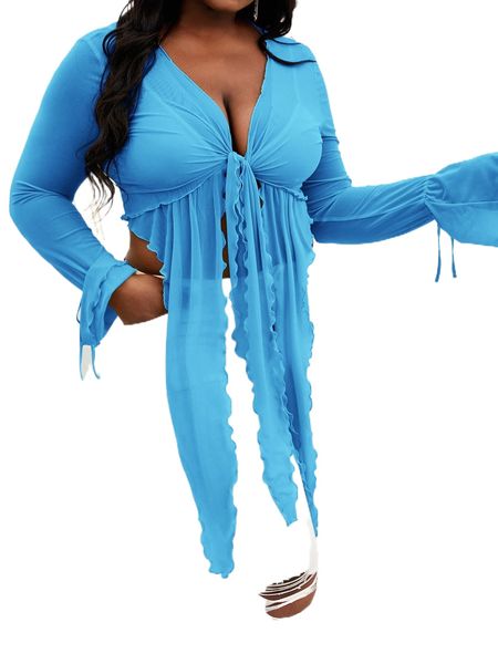 plus tie front draped bell sleeve sheer 529o#, Black 
plus tie front draped bell sleeve sheer 529o#, Black