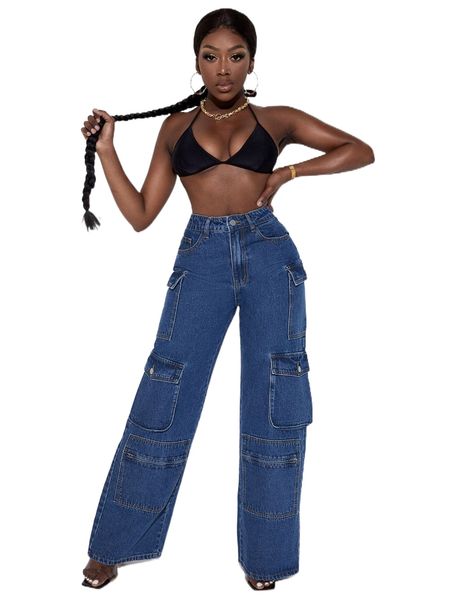 sxy medium washed flap pocket cargo jeans e6pz#, Blue