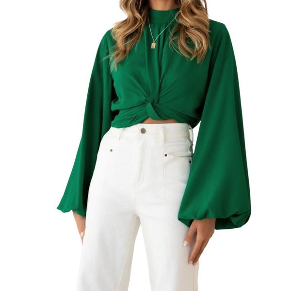 women's blouses & shirts female blouse solid color round neck long sleeve knotted crop for ladies green/black/apricot s//l/xl, White
women's blouses & shirts female blouse solid color round neck long sleeve knotted crop for ladies green/black/apricot s//l/xl, White