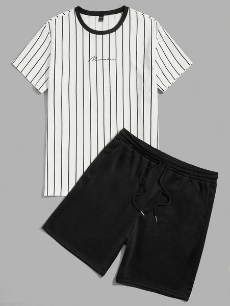 men striped & letter graphic tee & drawstring waist shorts f5sd#, Gray 
men striped & letter graphic tee & drawstring waist shorts f5sd#, Gray