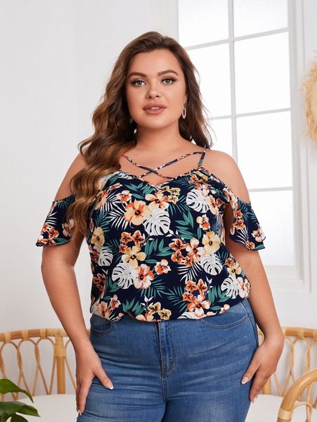 plus tropical print cold shoulder s5cj#, Black
plus tropical print cold shoulder s5cj#, Black