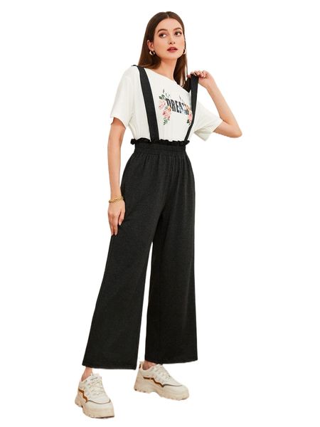 letter & floral print drop shoulder tee & paperbag waist pinafore pants a6t0#, White