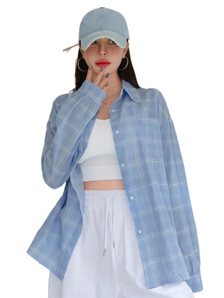 dazy plaid patched pocket drop shoulder blouse 369i#, White
dazy plaid patched pocket drop shoulder blouse 369i#, White