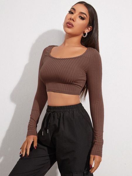 scoop neck rib-knit slim crop tee j17x#, White