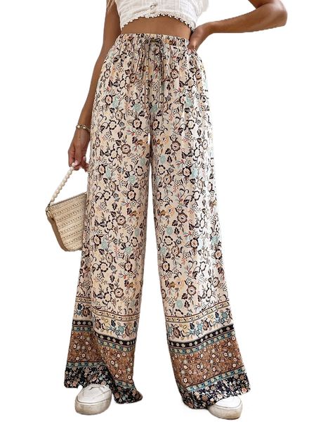 floral print tie front wide leg pants o9qr#, Black;white