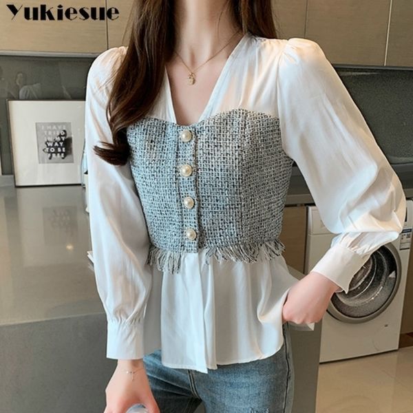 plus size solid white long sleeve fashion office lady korean style women spliced chiffon blouse vneck feminina shirt y200828
plus size solid white long sleeve fashion office lady korean style women spliced chiffon blouse vneck feminina shirt y200828