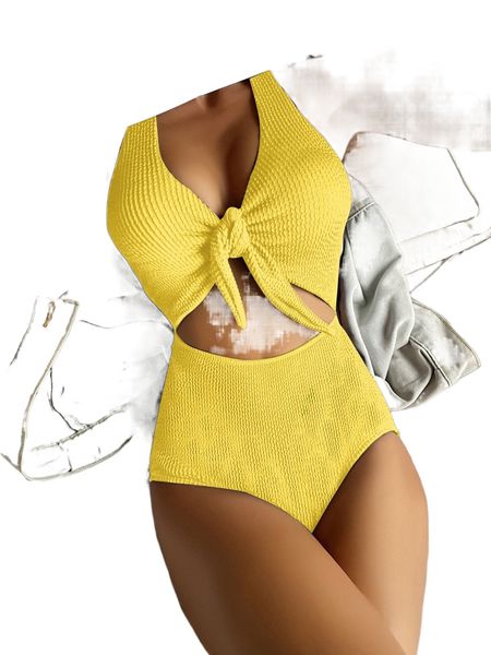 textured knot front cut-out one piece swimsuit d7do#, White;black 
textured knot front cut-out one piece swimsuit d7do#, White;black