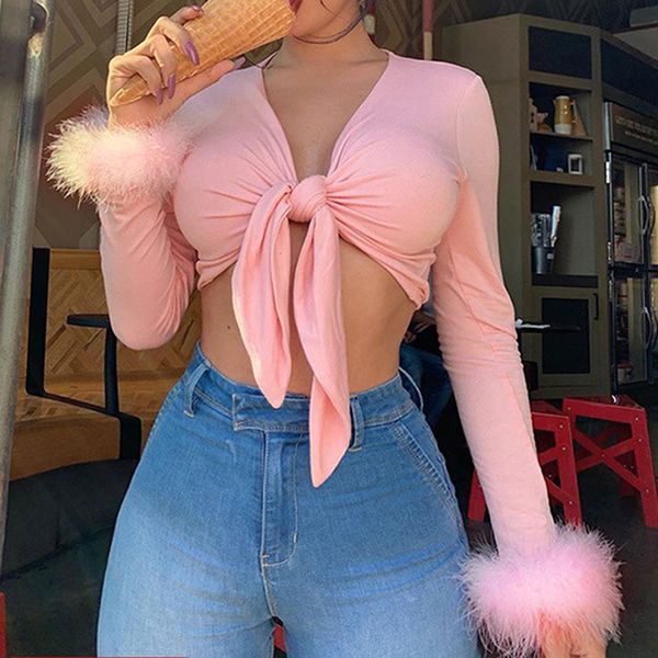 gaoke pink v-neck women shirt front bandgae lace up long sleeve patchwork feathers cute cropped skinny fall short, White
gaoke pink v-neck women shirt front bandgae lace up long sleeve patchwork feathers cute cropped skinny fall short, White