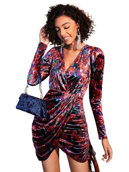 floral print surplice neck ruched bodycon dress l1aw#, Black;gray
floral print surplice neck ruched bodycon dress l1aw#, Black;gray