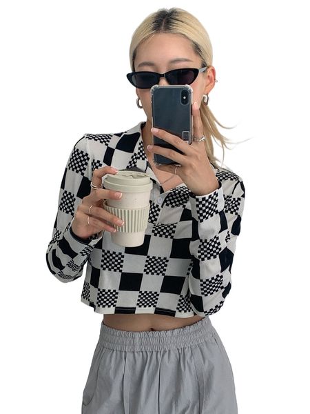 dazy checkerboard print polo neck crop blouse r5ra#, White 
dazy checkerboard print polo neck crop blouse r5ra#, White