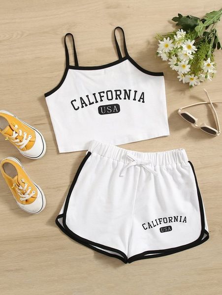 girls letter graphic contrast binding cami & shorts she, White
girls letter graphic contrast binding cami & shorts she, White